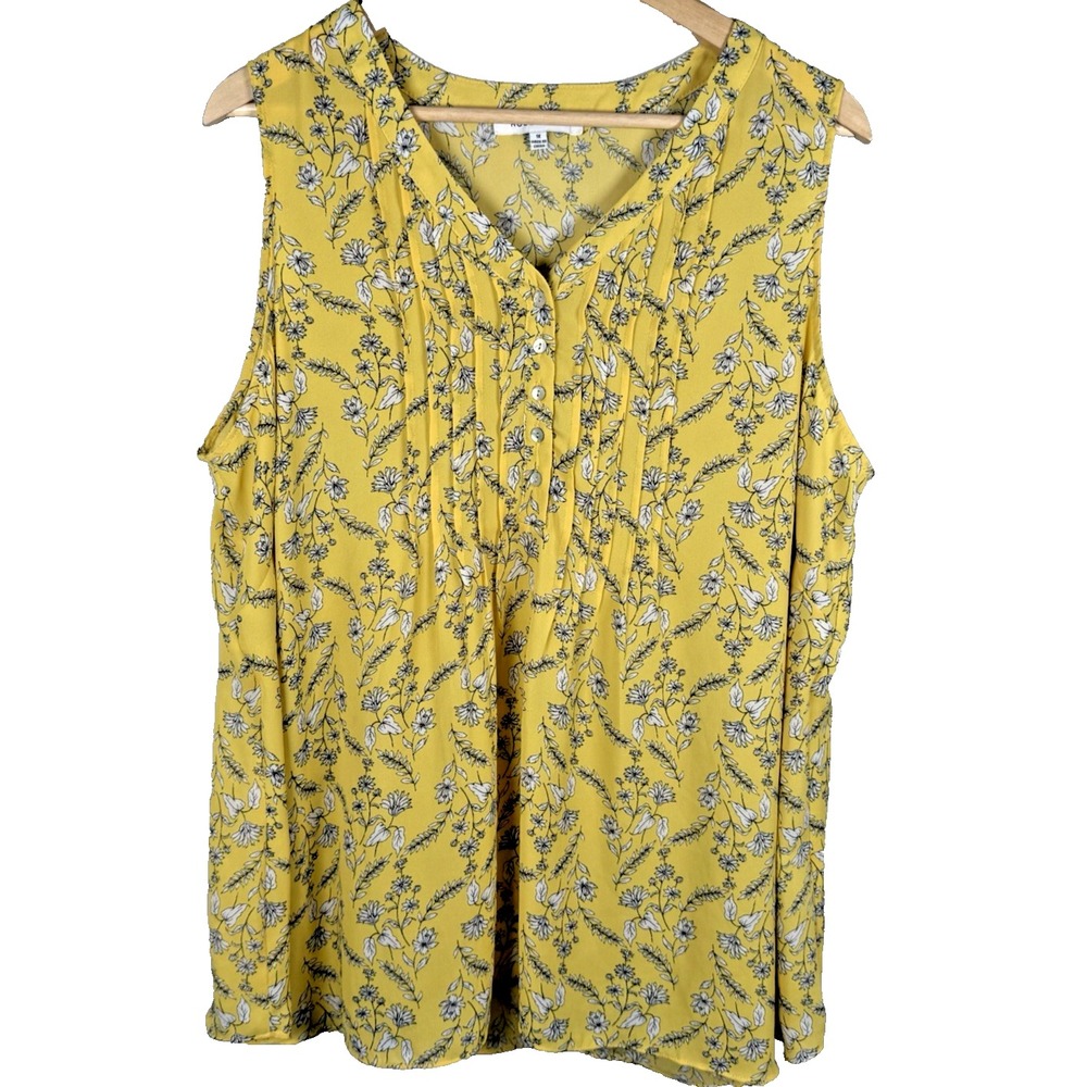 Rose + Olive Yellow Sleeveless Tank Top Shirt Floral Pleated V Neck Size‎ 1X